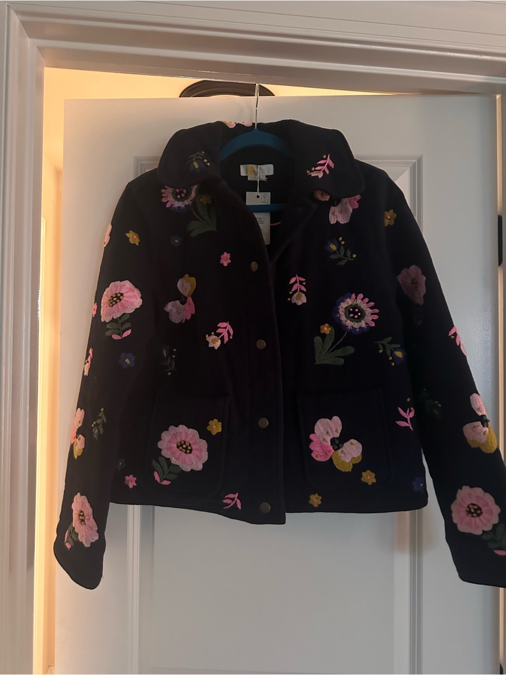 Boden navy Pea Coat with Pink & Yellow Floral Embroidery - Picture 5 of 8